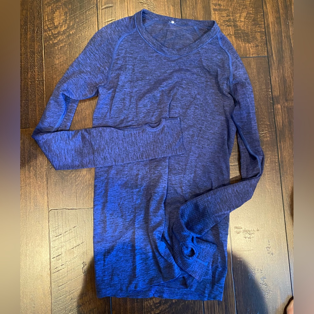 Lululemon “Run Swiftly” tech long sleeve in blue heather.